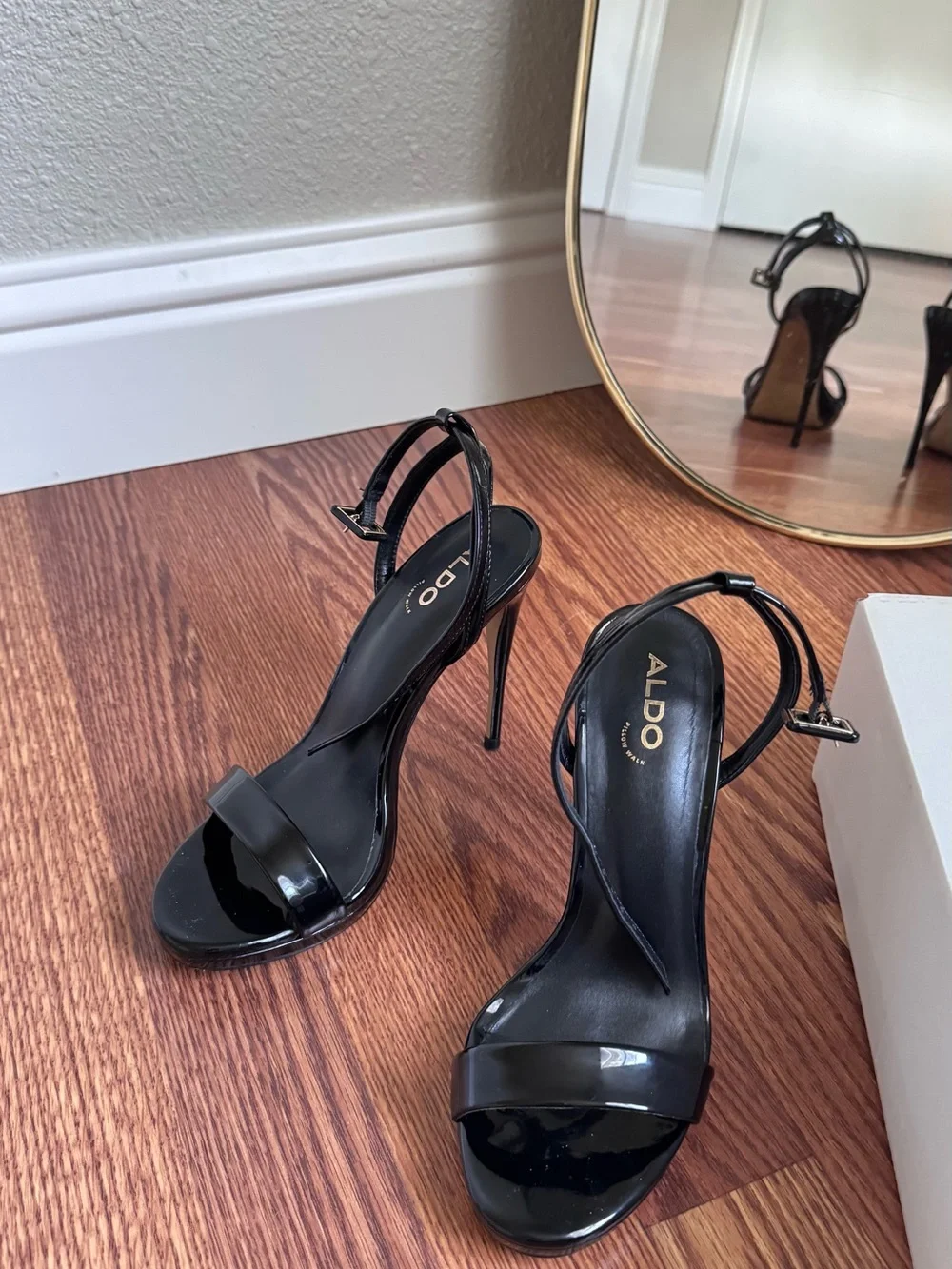 Aldo Black Patent Stiletto Sandals with Ankle Strap
